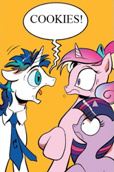 Size: 365x549 | Tagged: safe, edit, idw, princess cadance, shining armor, twilight sparkle, alicorn, pony, unicorn, spoiler:comic, spoiler:comic11, cookie, exploitable meme, female, filly, filly twilight sparkle, meme, necktie, screaming armor, speech bubble, teen princess cadance, template, younger