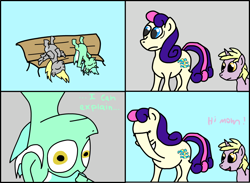 Size: 1096x801 | Tagged: safe, artist:roflpony, bon bon, derpy hooves, dinky hooves, lyra heartstrings, sweetie drops, earth pony, pegasus, pony, unicorn, bench, bon bon is not amused, comic, facehoof, sitting