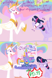 Size: 678x1006 | Tagged: safe, artist:sugaryboogary, princess celestia, twilight sparkle, twilight sparkle (alicorn), alicorn, pony, bucktooth, comic, female, hilarious in hindsight, mare, merchandise, parody, tree, tree of harmony, unamused