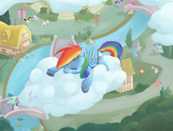 Size: 1776x1345 | Tagged: safe, artist:a6p, derpibooru import, apple bloom, bon bon, lyra heartstrings, pinkie pie, rainbow dash, scootaloo, sweetie belle, sweetie drops, twilight sparkle, oc, earth pony, pegasus, pony, cloud, cloudy, cutie mark crusaders, ponyville, scenery, sleeping