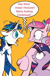 Size: 365x549 | Tagged: safe, edit, idw, princess cadance, shining armor, twilight sparkle, alicorn, pony, unicorn, spoiler:comic, spoiler:comic11, exploitable meme, female, filly, filly twilight sparkle, male, meme, screaming armor, south park, teen princess cadance, vulgar, younger