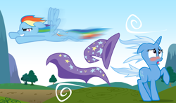 Size: 1440x849 | Tagged: safe, derpibooru import, rainbow dash, trixie, pegasus, pony, unicorn, blue coat, blushing, cape, detailed background, female, flying, hat, mare, multicolored mane, multicolored tail, open mouth, smiling, speed lines, trixie's cape, trixie's hat, two toned mane, two toned tail, wings
