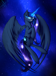 Size: 2920x3920 | Tagged: safe, artist:razley, princess luna, alicorn, pony, glowing eyes, grin, large wings, magic, smiling, solo, space, spread wings, stars