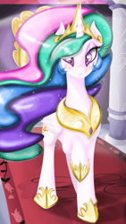 Size: 1080x1920 | Tagged: safe, artist:falco9998, princess celestia, alicorn, pony, blushing, eyeshadow, looking at you, raised hoof, solo, standing