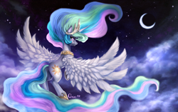 Size: 2200x1382 | Tagged: safe, artist:cizu, princess celestia, alicorn, pony, princess twilight sparkle (episode), cloud, cloudy, crescent moon, crying, detailed, flying, looking up, moon, night, sad, sky, solo, spread wings, stars