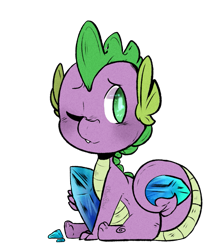 Size: 943x1066 | Tagged: safe, artist:urbanqhoul, spike, dragon, baby, baby dragon, crystal, cute, fangs, green eyes, one eye closed, scales, signature, simple background, sitting, snaggletooth, solo, spikabetes, transparent background