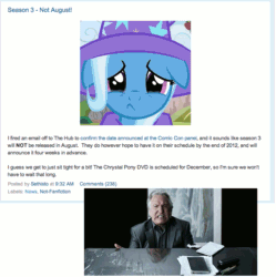 Size: 797x800 | Tagged: safe, derpibooru import, trixie, season 3, spoiler:s03, animated, equestria daily, table flip, text