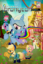 Size: 800x1200 | Tagged: safe, artist:pixelkitties, derpibooru import, applejack, discord, fluttershy, pinkie pie, rainbow dash, trixie, oc, oc:fausticorn, alicorn, earth pony, pegasus, pony, alicorn oc, blindfold, fantastic four, lauren faust, sunglasses, tangled up