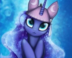 Size: 3227x2604 | Tagged: safe, artist:shaadorian, princess luna, alicorn, pony, :3, cute, filly, hat, high res, looking at you, portrait, solo, woona