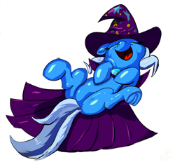 Size: 400x370 | Tagged: safe, artist:xbi, derpibooru import, trixie, pony, unicorn, cute, female, laughing, mare, nose in the air, on back, simple background, solo, transparent background, trixie's cape, trixie's hat, underhoof