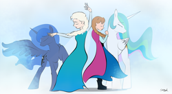 Size: 1000x546 | Tagged: safe, artist:sakuracheetah, princess celestia, princess luna, human, anna, crossover, elsa, frozen (movie)