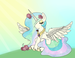 Size: 1280x991 | Tagged: safe, artist:ponycide, princess celestia, alicorn, pony, eyes closed, flower, solo