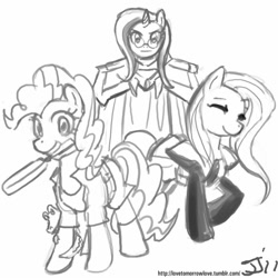 Size: 800x800 | Tagged: safe, artist:johnjoseco, derpibooru import, fluttershy, pinkie pie, trixie, earth pony, pegasus, pony, crossover, excel saga, grayscale, monochrome