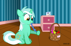 Size: 1185x770 | Tagged: safe, artist:mostlyponyart, bon bon, lyra heartstrings, sweetie drops, basket, candy, solo