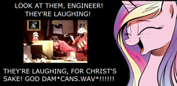 Size: 1040x508 | Tagged: safe, princess cadance, alicorn, pony, cadance laughs at your misery, cans.wav, exploitable meme, meme, obligatory pony, the man they call ghost, true capitalist radio