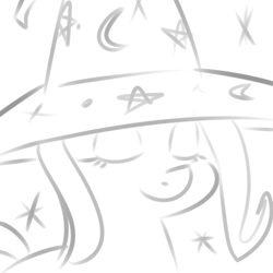 Size: 500x500 | Tagged: dead source, safe, artist:reiduran, derpibooru import, trixie, pony, unicorn, eyes closed, female, grayscale, mare, monochrome, simple background, sketch, smiling, solo, sparkles, trixie's hat, white background