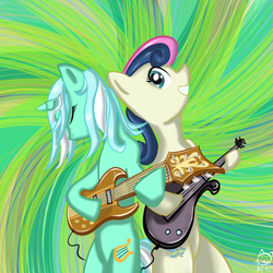 Size: 1000x1000 | Tagged: safe, artist:cheshiresdesires, bon bon, lyra heartstrings, sweetie drops, earth pony, pony, unicorn, abstract background, bass guitar, bipedal, duo, electric guitar, eyes closed, grin, guitar, musical instrument, smiling