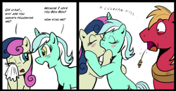 Size: 927x477 | Tagged: safe, artist:madmax, big macintosh, bon bon, lyra heartstrings, sweetie drops, earth pony, pony, unicorn, 2 panel comic, blush sticker, blushing, comic, crying, dialogue, eyes closed, female, kissing, lesbian, lesbian in front of boys, looking at each other, lyrabon, male, mare, one eye closed, open mouth, shipping, shocked, shrunken pupils, stallion, straw in mouth, wide eyes