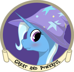 Size: 1200x1170 | Tagged: safe, artist:ravirr94, derpibooru import, trixie, pony, unicorn, badge, blushing, emblem, female, logo, looking back, mare, smiling, solo, trixie's hat