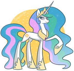 Size: 784x755 | Tagged: safe, artist:starrceline, princess celestia, alicorn, pony, looking at you, raised hoof, solo, standing