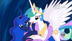 Size: 1253x706 | Tagged: safe, screencap, princess celestia, princess luna, twilight sparkle, twilight sparkle (alicorn), alicorn, pony, season 4, female, hug, licking, mare