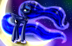 Size: 2000x1273 | Tagged: safe, artist:artyjoyful, princess luna, alicorn, pony, crescent moon, moon, solo, space, stars, tangible heavenly object