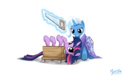 Size: 1680x1050 | Tagged: safe, artist:mysticalpha, derpibooru import, trixie, twilight sparkle, box, box sawing trick, cape, clothes, magic, magic trick, on back, saw, simple background, this will end in tears, trixie's cape, wallpaper, white background