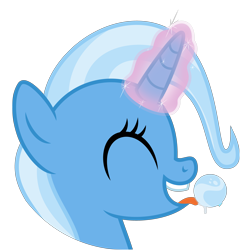 Size: 4782x4782 | Tagged: safe, artist:osipush, derpibooru import, trixie, pony, unicorn, absurd resolution, candy, eyes closed, female, food, happy, magic, mare, open mouth, simple background, smiling, solo, tongue out, transparent background, vector