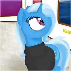 Size: 1800x1800 | Tagged: safe, artist:lemanda, derpibooru import, trixie, pony, unicorn, art gallery, clothes, female, mare, smiling, solo, sweater