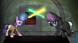 Size: 1000x555 | Tagged: safe, artist:willdrawforfood1, derpibooru import, trixie, twilight sparkle, pony, unicorn, dark helmet, female, lone starr, mare, movie reference, parody, parody of a parody, schwartz, self-destruct button, spaceballs the tag