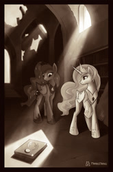 Size: 660x1000 | Tagged: safe, artist:marbleyarns, princess celestia, princess luna, alicorn, pony, book, crepuscular rays, ruins, sepia