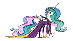 Size: 1600x918 | Tagged: safe, artist:hexfloog, princess celestia, alicorn, pony, alternate hairstyle, clothes, dress, solo