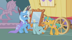 Size: 1280x720 | Tagged: safe, derpibooru import, screencap, snails, snips, trixie, pony, unicorn, boast busters, colt, disgusted, male, raised eyebrow, smoothie, trixie's fans