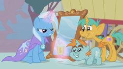 Size: 1280x720 | Tagged: safe, derpibooru import, screencap, snails, snips, trixie, pony, unicorn, boast busters, admiration, colt, hay smoothie, male, trixie's fans