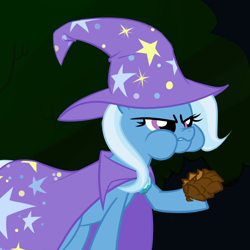 Size: 1000x1000 | Tagged: safe, artist:graphic-lee, derpibooru import, trixie, pony, cape, clothes, eating, hat, pinecone, puffy cheeks, solo, trixie eating pinecones, trixie's cape, trixie's hat