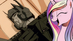 Size: 853x480 | Tagged: safe, princess cadance, alicorn, pony, cadance laughs at your misery, dead, exploitable meme, meme, obligatory pony, on back, optimus prime, transformers