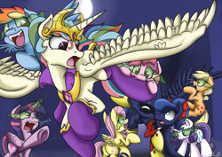 Size: 900x636 | Tagged: dead source, safe, artist:mistydash, applejack, fluttershy, pinkie pie, princess celestia, princess luna, rainbow dash, rarity, twilight sparkle, twilight sparkle (alicorn), alicorn, earth pony, pegasus, pony, undead, unicorn, vampire, vampony, spoiler:comic, armor, biting, cute, dark magic, evil celestia, evil luna, fangs, female, fluffy, flying, glowing eyes, magic, mane six, mare, nom, open mouth, raised hoof, smiling, sombra eyes, spread wings, tongue out, tyrant celestia, wide eyes