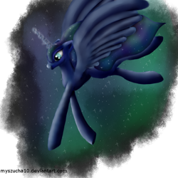 Size: 680x680 | Tagged: safe, artist:myszucha10, princess luna, alicorn, pony, missing accessory, solo, spread wings