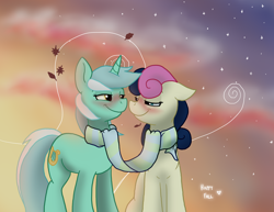 Size: 2200x1700 | Tagged: safe, artist:cat4lyst, bon bon, lyra heartstrings, sweetie drops, autumn, bedroom eyes, blushing, clothes, female, leaves, lesbian, lyrabon, scarf, shared clothing, shared scarf, shipping, stars, twilight (astronomy)