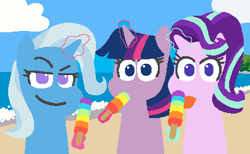 Size: 396x244 | Tagged: safe, artist:threetwotwo32232, derpibooru import, starlight glimmer, trixie, twilight sparkle, twilight sparkle (alicorn), alicorn, pony, beach, food, icy pole, popsicle