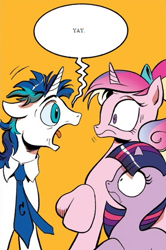 Size: 365x549 | Tagged: safe, edit, idw, princess cadance, shining armor, twilight sparkle, alicorn, pony, unicorn, spoiler:comic, spoiler:comic11, exploitable meme, female, filly, filly twilight sparkle, male, meme, screaming armor, teen princess cadance, yay, younger