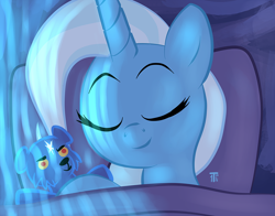 Size: 1100x863 | Tagged: safe, artist:1trick, derpibooru import, part of a series, part of a set, trixie, pony, unicorn, ursa minor, 1trickpone's sleeping ponies, bed, eyes closed, female, mare, pillow, sleeping, smiling, solo, teddy bear, ursa plush