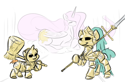 Size: 1705x1128 | Tagged: safe, artist:nobody, princess celestia, snails, snips, alicorn, pony, armor, dark souls, dragon slayer ornstein, executioner smough, parody, weapon