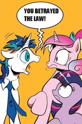 Size: 365x549 | Tagged: safe, princess cadance, shining armor, twilight sparkle, alicorn, pony, unicorn, spoiler:comic, exploitable meme, judge dredd, meme, screaming armor