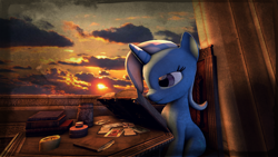 Size: 1920x1080 | Tagged: safe, artist:thesokol, derpibooru import, trixie, pony, unicorn, 3d, book, female, film grain, mare, mug, poster, reading, shadow, sky, solo, source filmmaker, sunset, table, tarot card