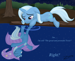 Size: 1050x850 | Tagged: safe, artist:zonra, derpibooru import, trixie, crying, reflection, sad