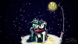 Size: 1920x1080 | Tagged: safe, artist:esuka, bon bon, lyra heartstrings, sweetie drops, earth pony, pony, unicorn, blushing, clothes, female, lamppost, lesbian, lyrabon, open mouth, scarf, shared clothing, shared scarf, shipping, smiling, snow, snowfall, winter