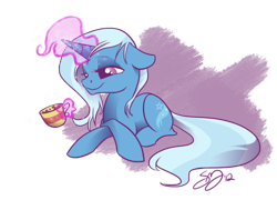 Size: 800x576 | Tagged: safe, artist:probablyfakeblonde, derpibooru import, trixie, pony, unicorn, coffee, female, mare, smiling, solo