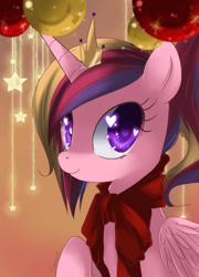 Size: 1311x1819 | Tagged: dead source, safe, artist:loyaldis, princess cadance, alicorn, pony, bow, clothes, cute, female, heart eyes, ornaments, portrait, ribbon, solo, stars, wingding eyes