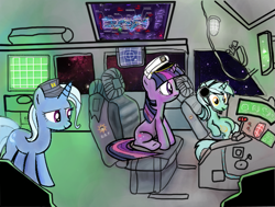 Size: 763x576 | Tagged: safe, artist:commandplay, derpibooru import, lyra heartstrings, trixie, twilight sparkle, science fiction, space